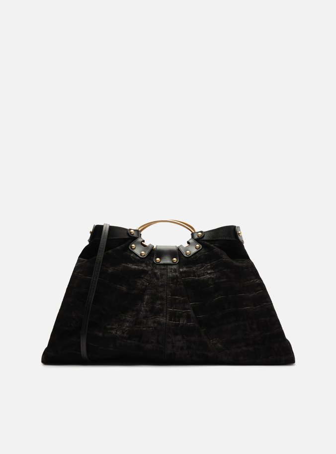 Bolsa Tote Preta Suede Croco Grande
