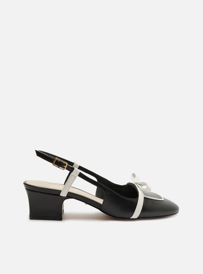 Scarpin Preto Couro Salto Bloco Laço Branco