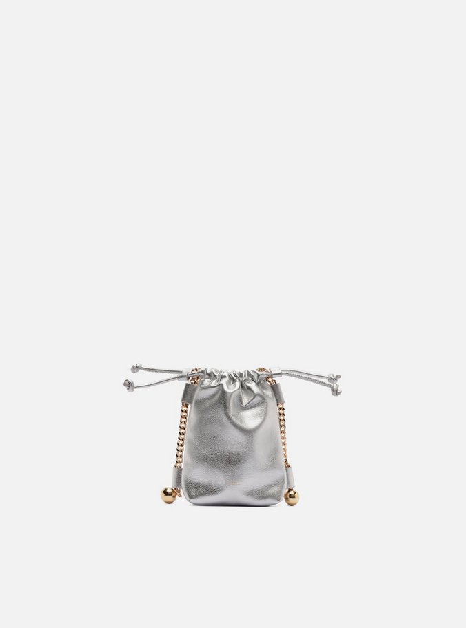 Mini Bag Prata Couro Porta-Celular Corrente Esferas