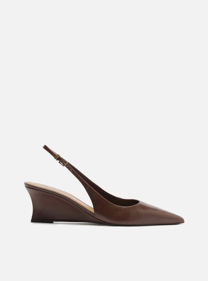 Scarpin Marrom Couro Salto Baixo Anabela Slingback
