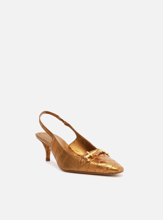 Scarpin Dourado Croco Bico Fino Slingback Bridão