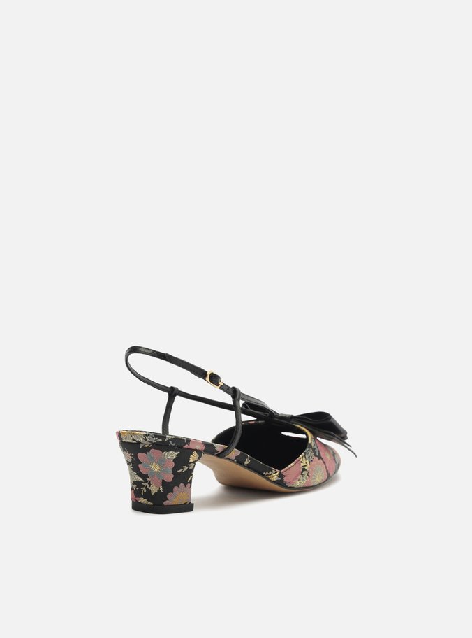 Scarpin Preto Estampa Salto Baixo Slingback Laço