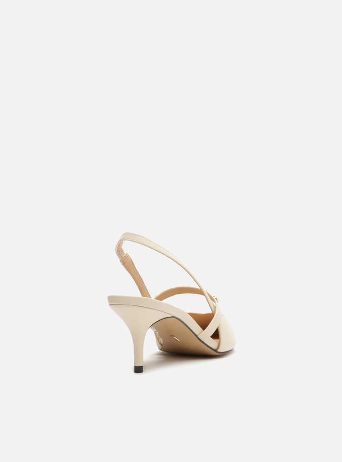 Scarpin Off-White Couro Salto Fino Slingback Aplicação