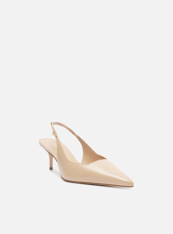 Scarpin Bege Couro Slingback Detalhe Metal