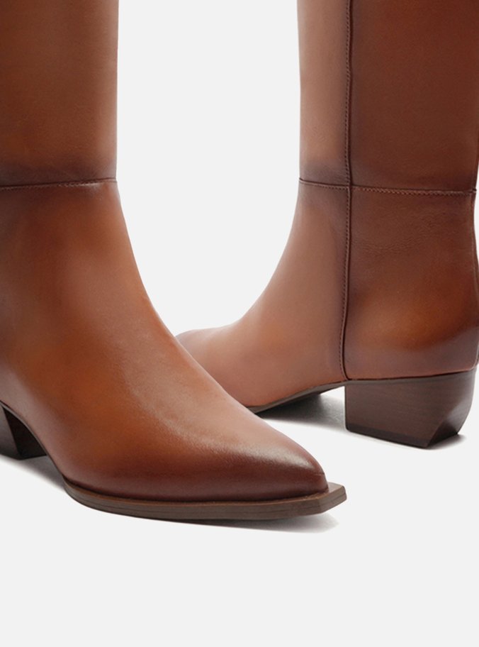 Bota Marrom Couro Cano Longo Salto Bloco