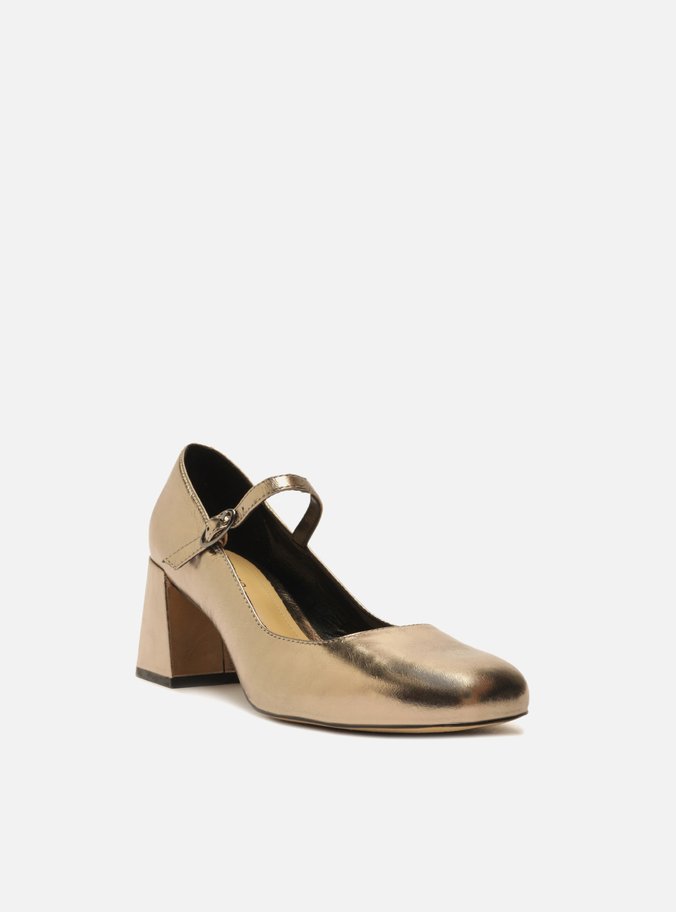 Sapato Boneca Dourado Couro Salto Bloco Tira Fivela