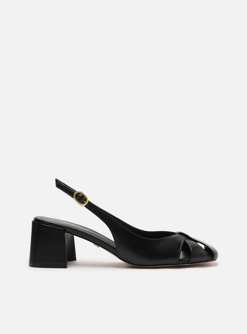 Scarpin Preto Couro Slingback Cabedal Vazado