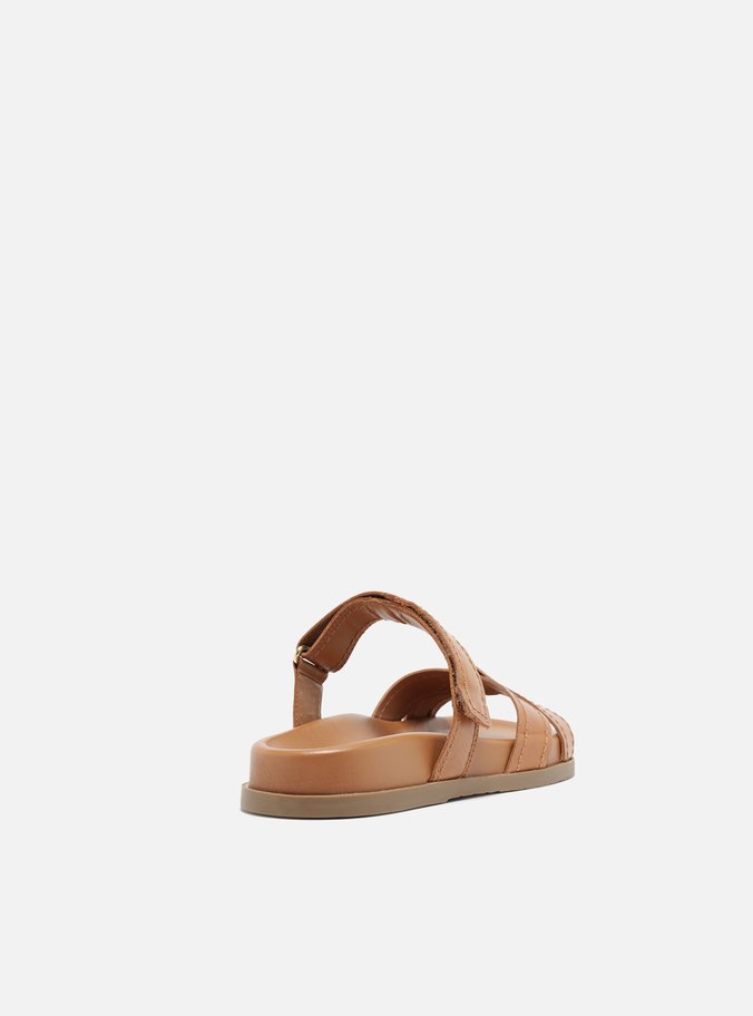 Sandália Rasteira Marrom Couro Tiras Velcro