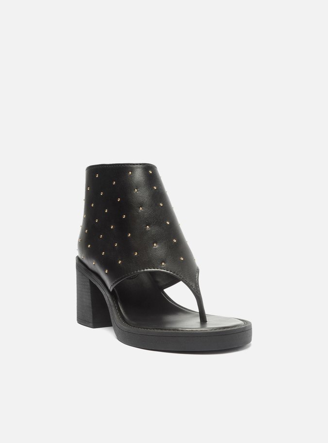 Sandal Boot Preta Couro Salto Bloco Studs