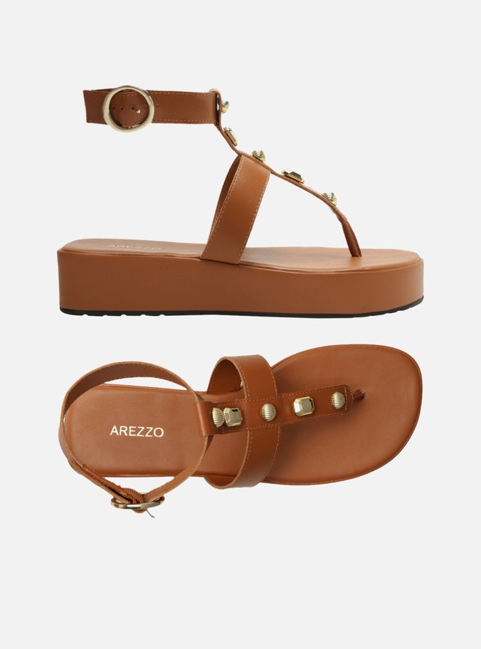 Sandália Marrom Flatform Tiras Aplicações