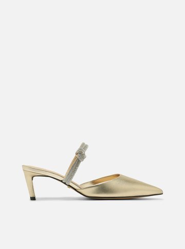 Scarpin Dourado Couro Aberto Tiras Strass