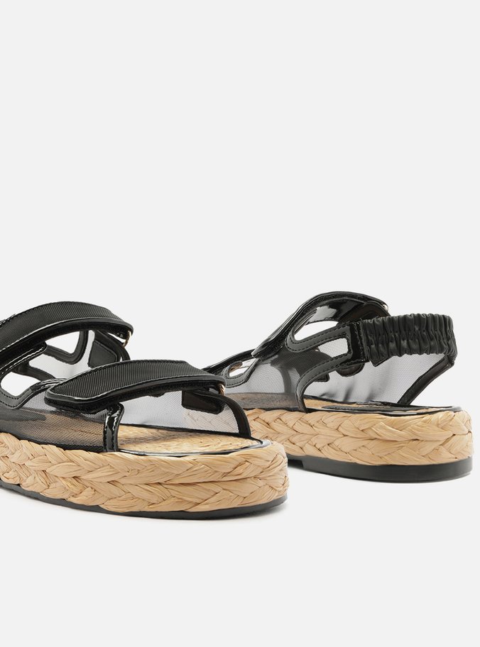 Sandália Papete Preta Tela Flatform Velcro