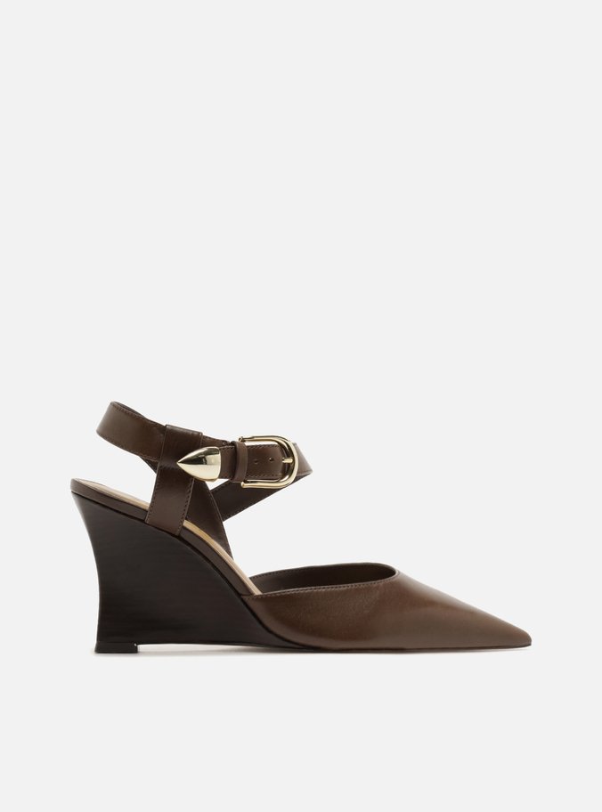 Scarpin Marrom Couro Anabela Tiras Fivela