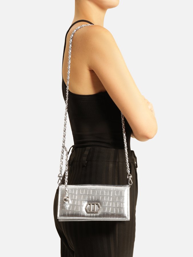 Clutch Prata Couro Croco Pequena Metal