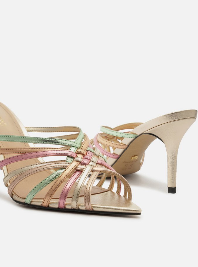 Tamanco Dourado Salto Fino Tiras Mix