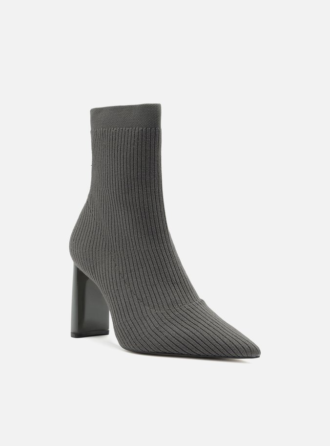 Bota Skinny Cinza Knit Cano Médio Salto Bloco