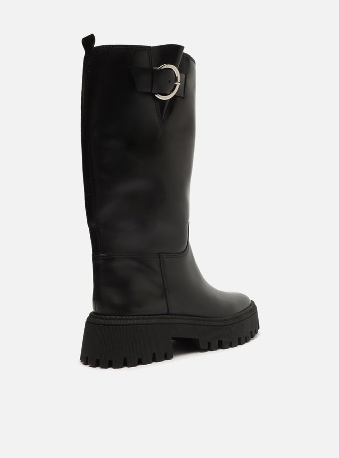 Bota Preta Couro Cano Longo Tratorada