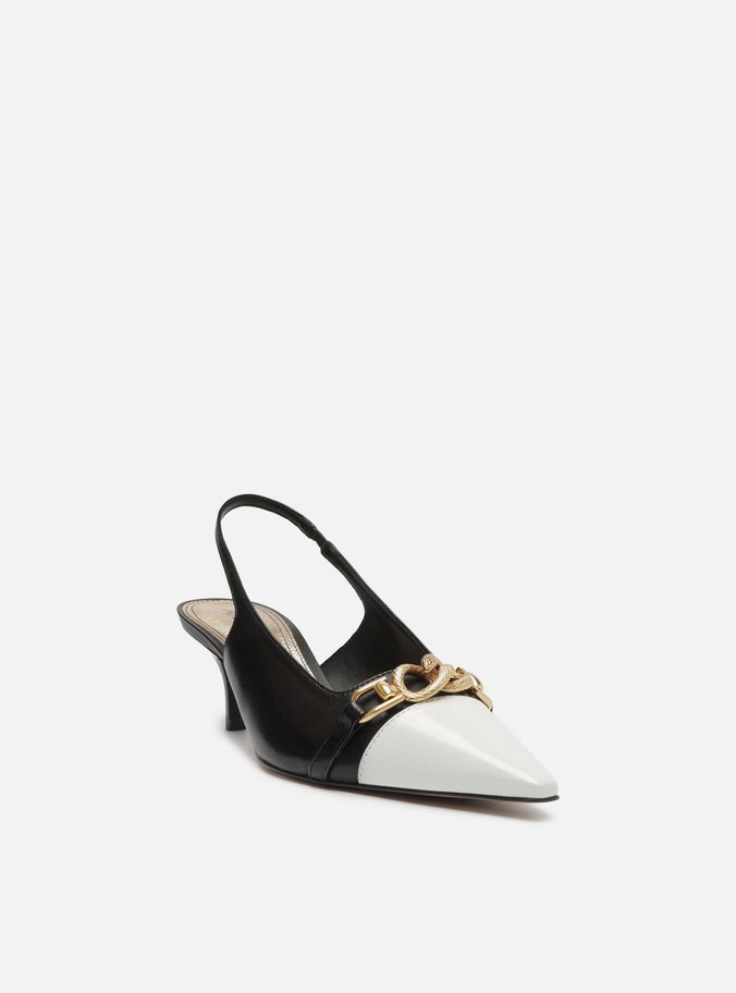 Scarpin Preto Couro Bico Fino Slingback Branco