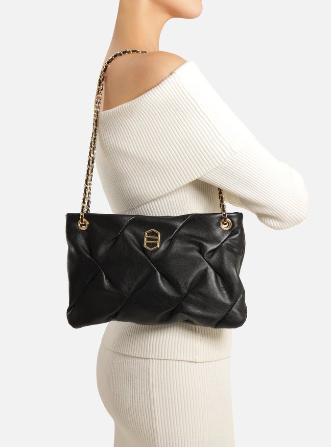 Bolsa Tiracolo Preta Couro Média Frisos