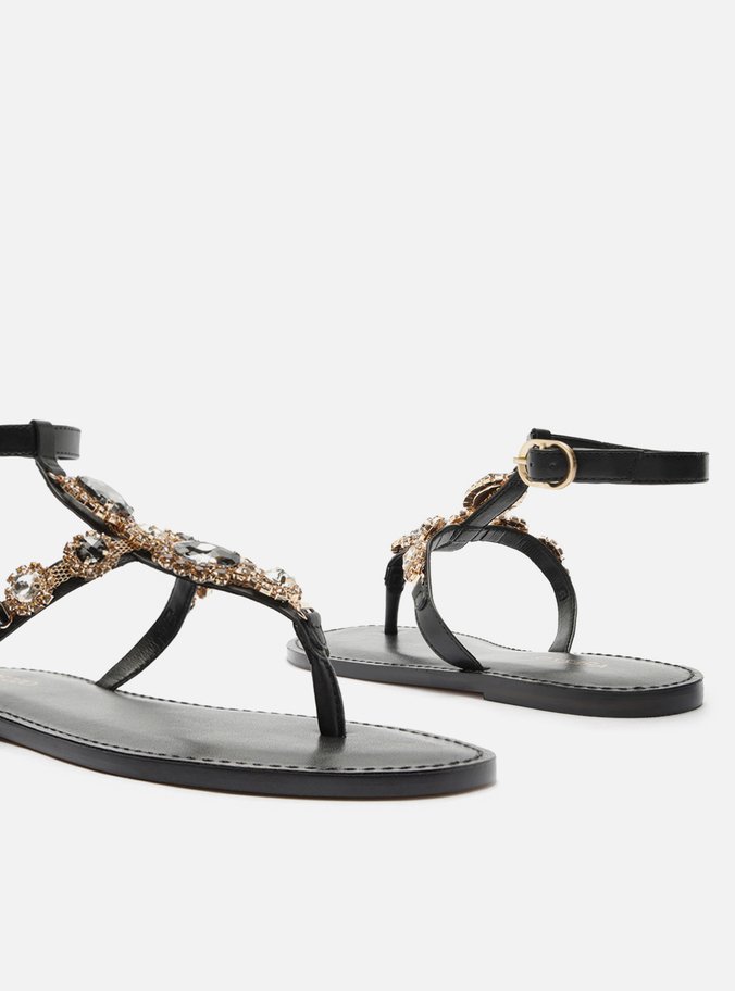 Rasteira Preta Couro Slim Maxi Pedraria Fivela