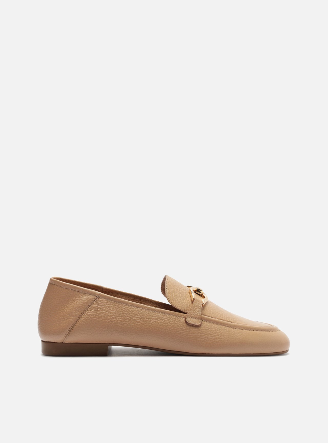 Loafer Bege Couro Bico Redondo Bridão Dourado — foto 1