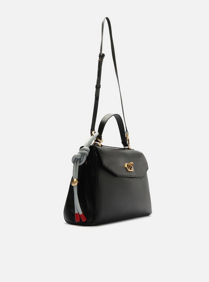 Bolsa Satchel Preta Couro Média Bag Charm Nó