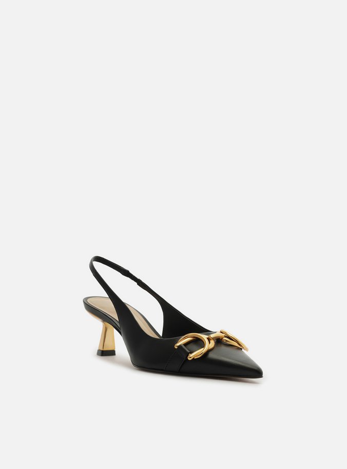 Scarpin Preto Couro Bico Fino Slingback Bridão