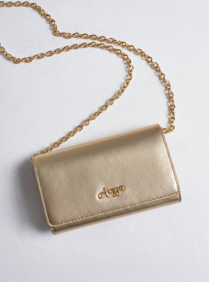 Bolsa Tiracolo Dourada Couro Pequena Logo