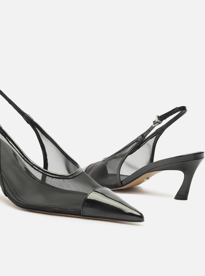 Scarpin Preto Tela Salto Kitten Bico Fino