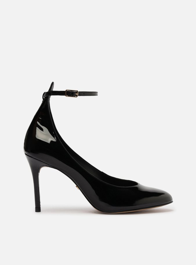 Scarpin Preto Verniz Salto Alto Fino Tira
