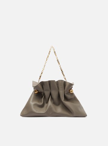 Clutch Cinza Couro Média Pregas Corrente