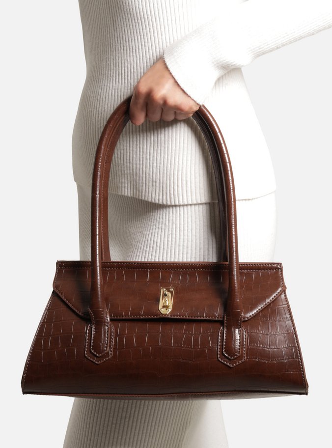 Bolsa Shoulder Marrom Média Croco Metais