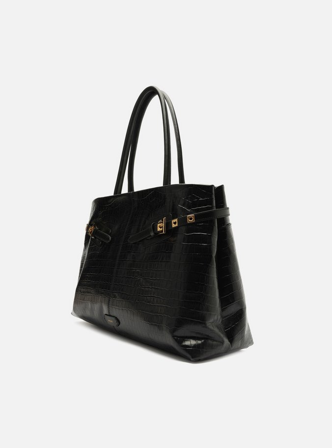 Bolsa Shopping Preta Couro Croco Grande Fivelas