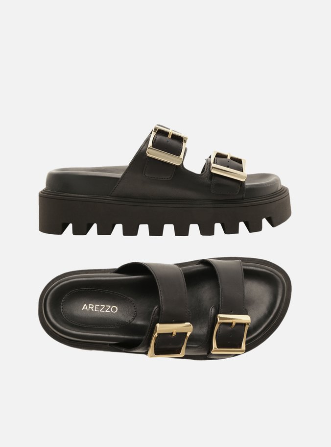 Sandália Preta Couro Flatform Tratorada