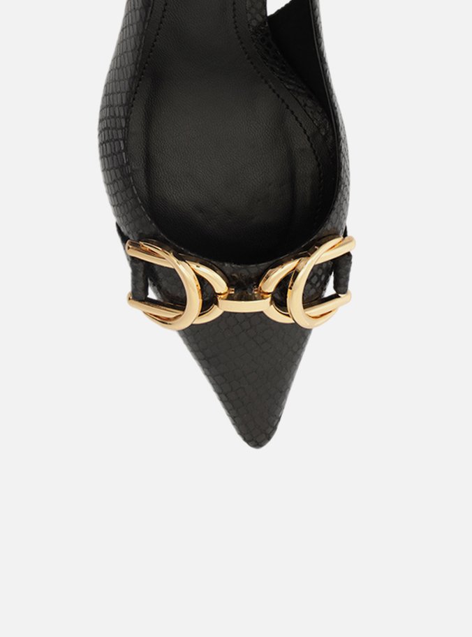 Scarpin Preto Snake Bico Fino Slingback Bridão