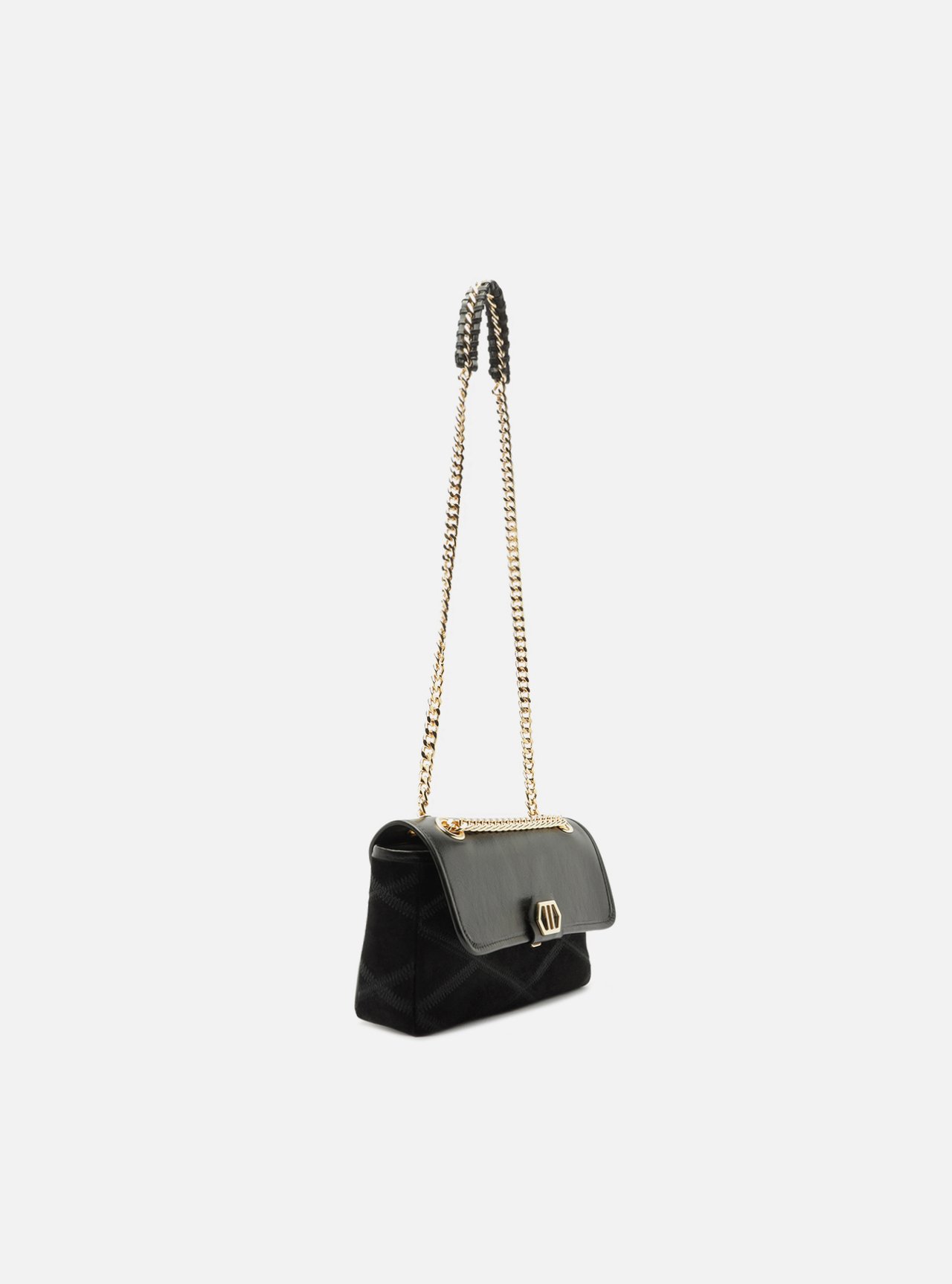 Bolsa Tiracolo Preta Couro Pequena Corrente Dourada — foto 5