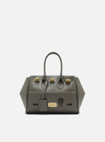 Bolsa Tote Cinza Couro Média Bolso Recortes