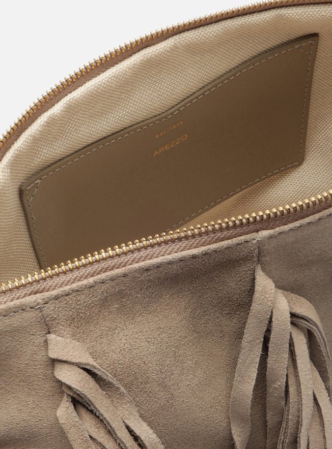 Bolsa Tiracolo Cinza Suede Grande Franjas