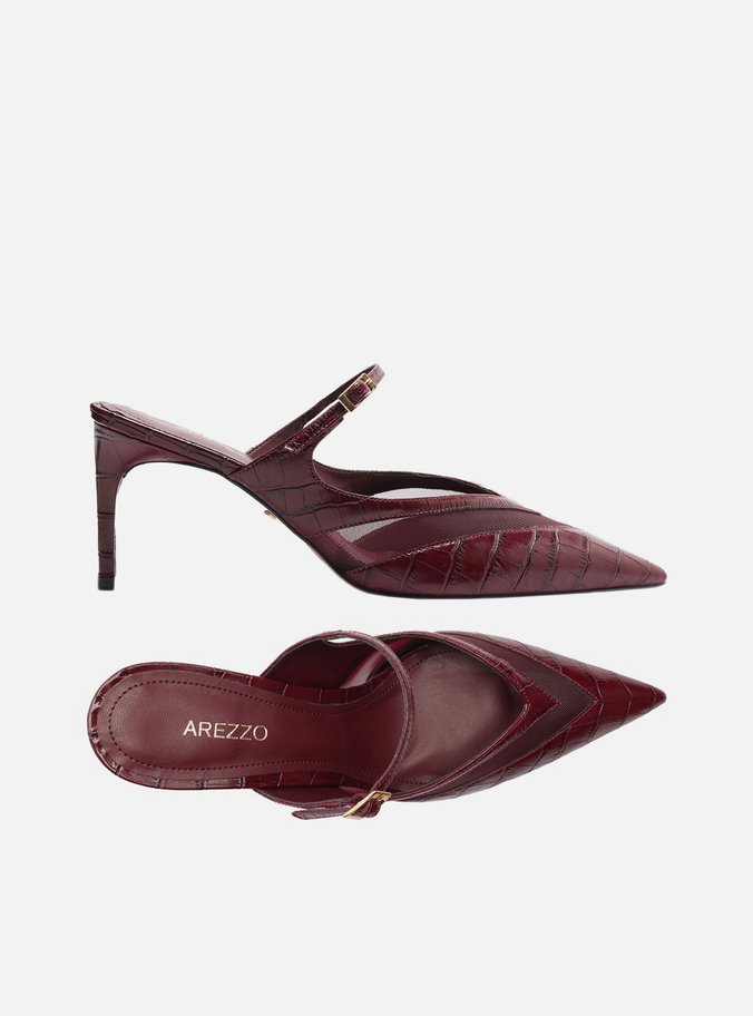 Mule Vermelha Croco Salto Médio Fino Tela