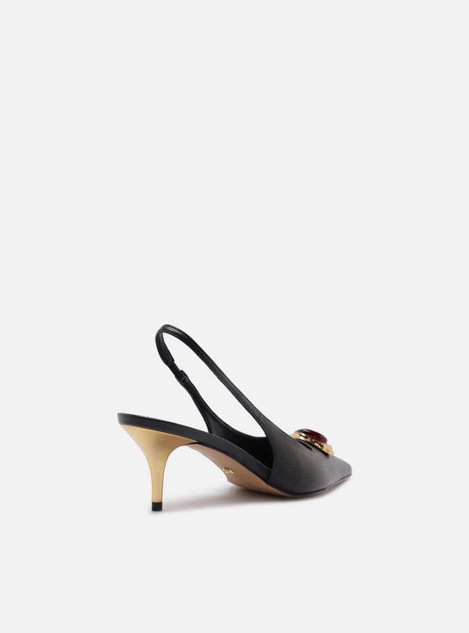 Scarpin Preto Couro Salto Baixo Slingback Pedraria