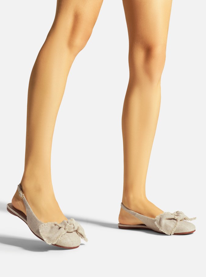Sapatilha Bege Linho Slingback Fivela Laço
