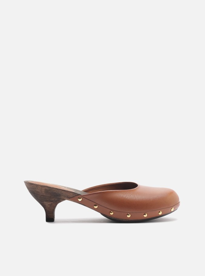 Mule Clog Caramelo Couro Salto Baixo