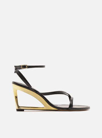 Sandália Preta Couro Salto Geométrico Tiras