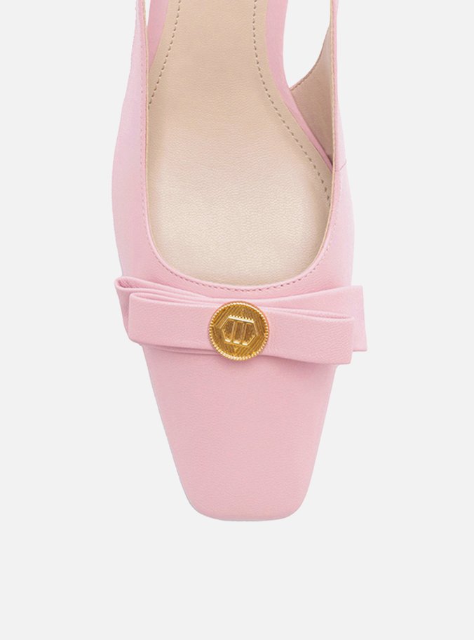 Scarpin Rosa Couro Bico Quadrado Slingback Laço