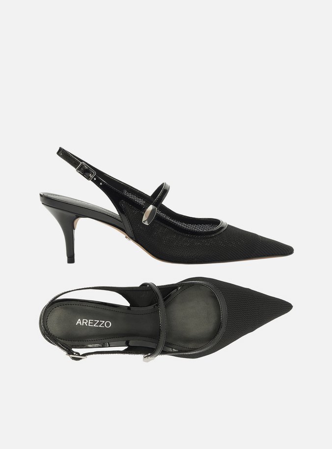 Scarpin Preto Tela Salto Baixo Slingback Tira