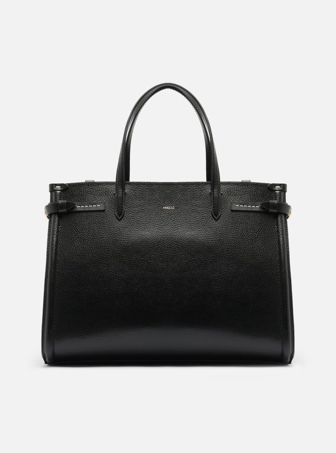 Bolsa Tote Preta Couro Grande Detalhe Tiras