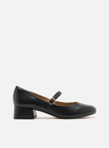 Arezzo — Scarpin Preto Couro Salto Bloco Fivela