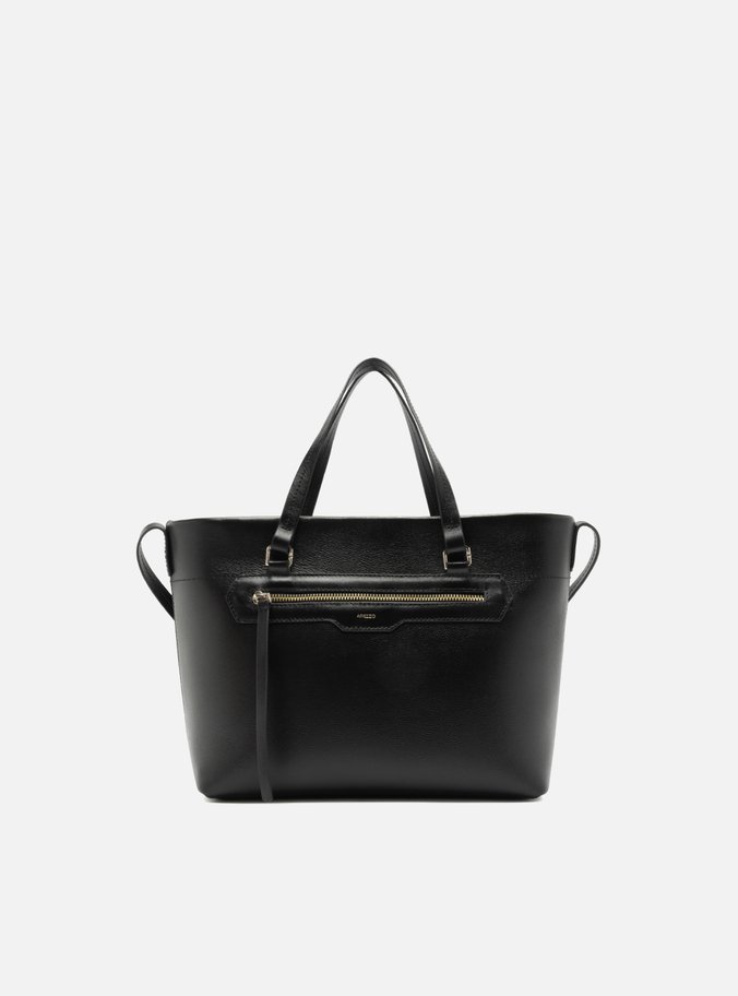 Bolsa Tote Preta Couro Média Bolso Frontal