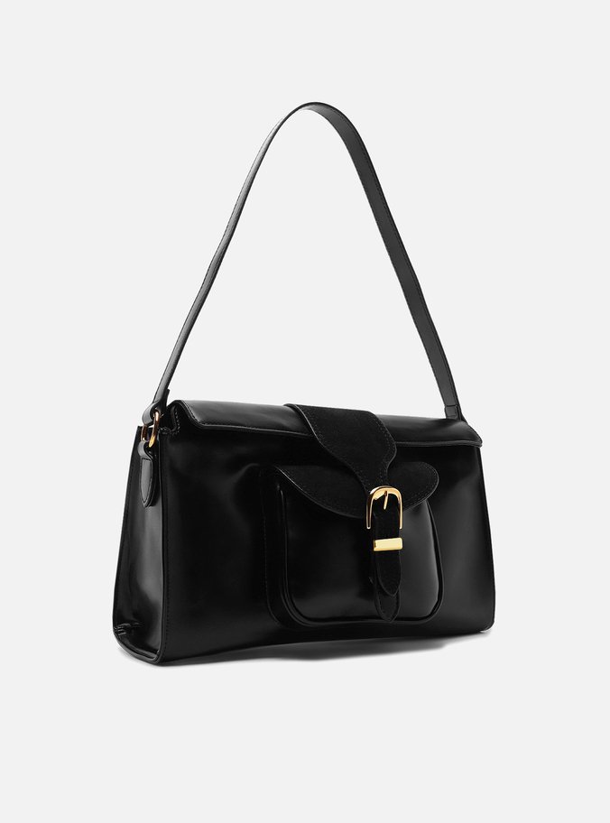 Bolsa Shoulder Preta Média Bolso Camurça
