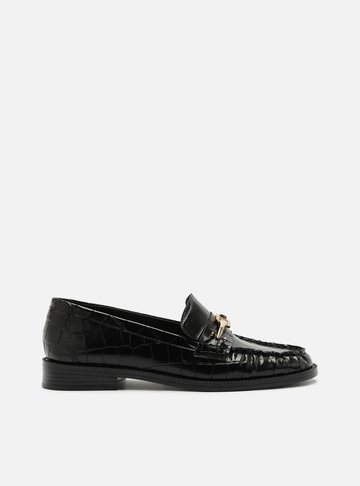 Arezzo — Mocassim Preto Couro Salto Bloco Croco Bridão